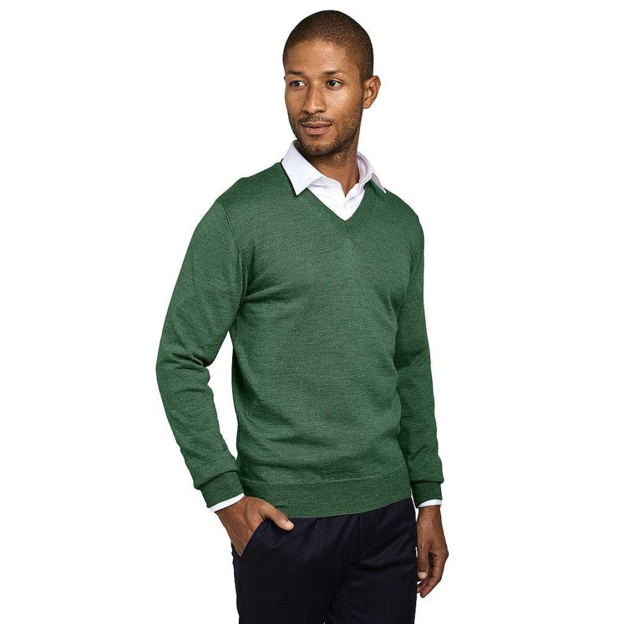 LodinG 100% Pure Merino Wool V-Neck Sweater Green New