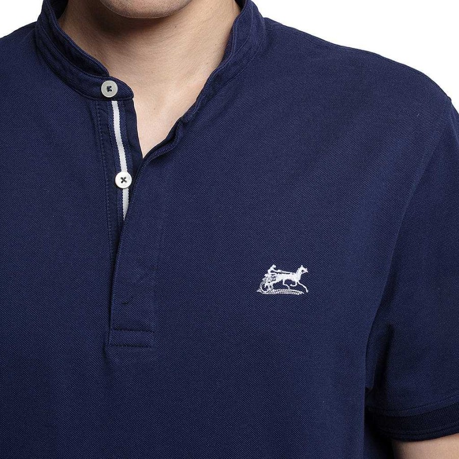 LodinG 100% Cotton Mandarin Collar Polo Shirt Navy Blue Best