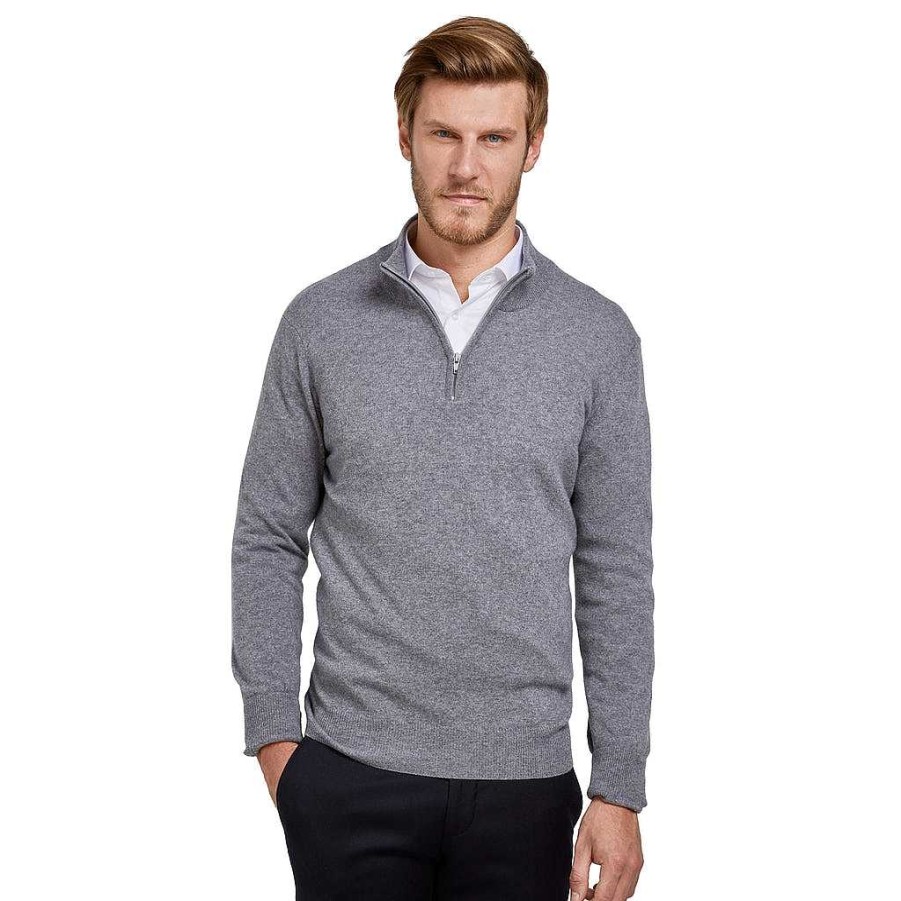 LodinG Gray Merino Wool And Cashmere Zip Collar Sweater Best