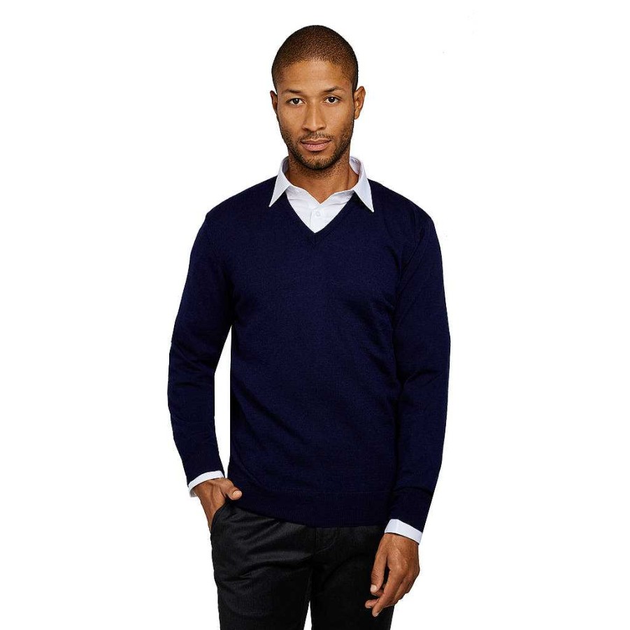 LodinG V-Neck Sweater 100% Pure Merino Wool Navy Online