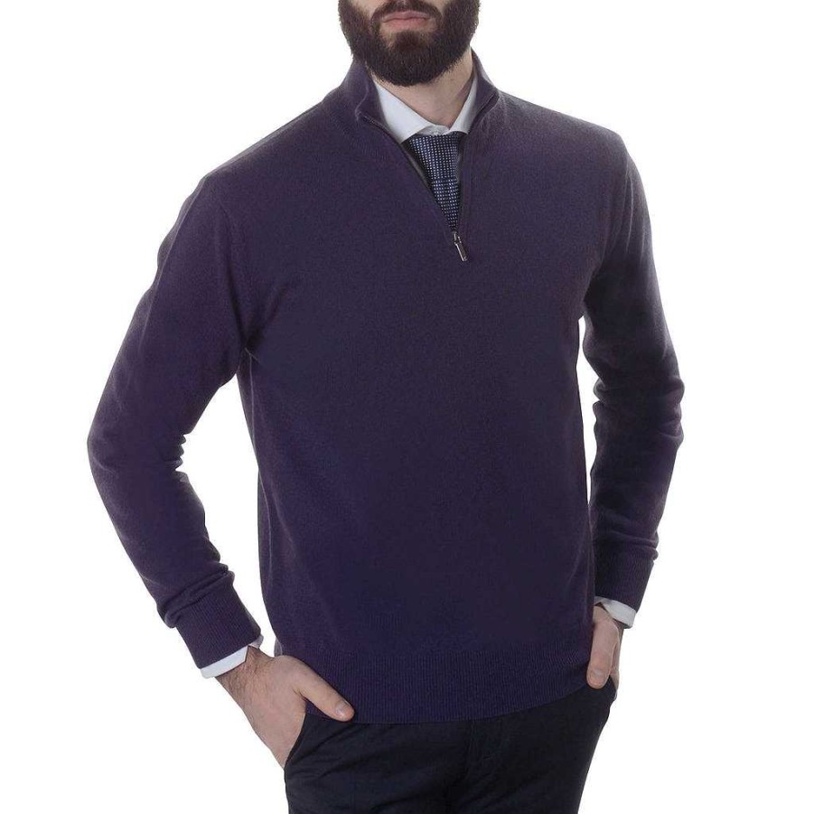 LodinG 100% Cashmere Sweater With Purple Zip Collar Hot