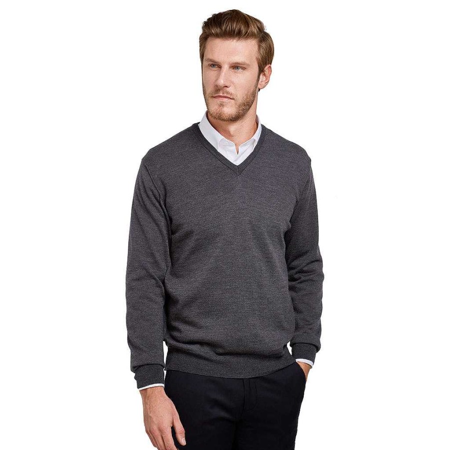 LodinG V-Neck Sweater 100% Pure Merino Wool Anthracite Gray Best