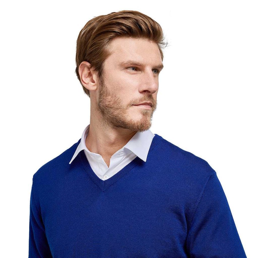 LodinG Royal Blue 100% Pure Merino Wool V-Neck Sweater Wholesale