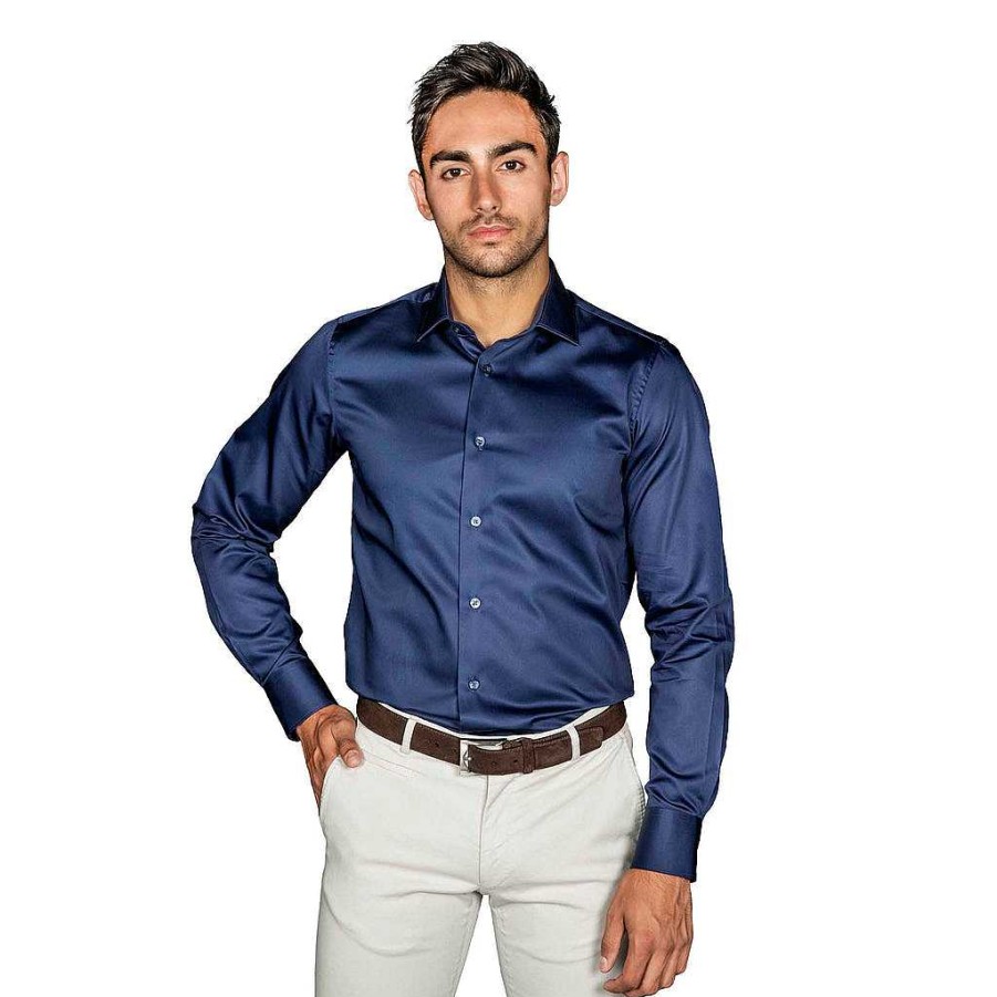 LodinG Slim Fit Non-Iron Cotton Satin Shirt Navy Blue Hot