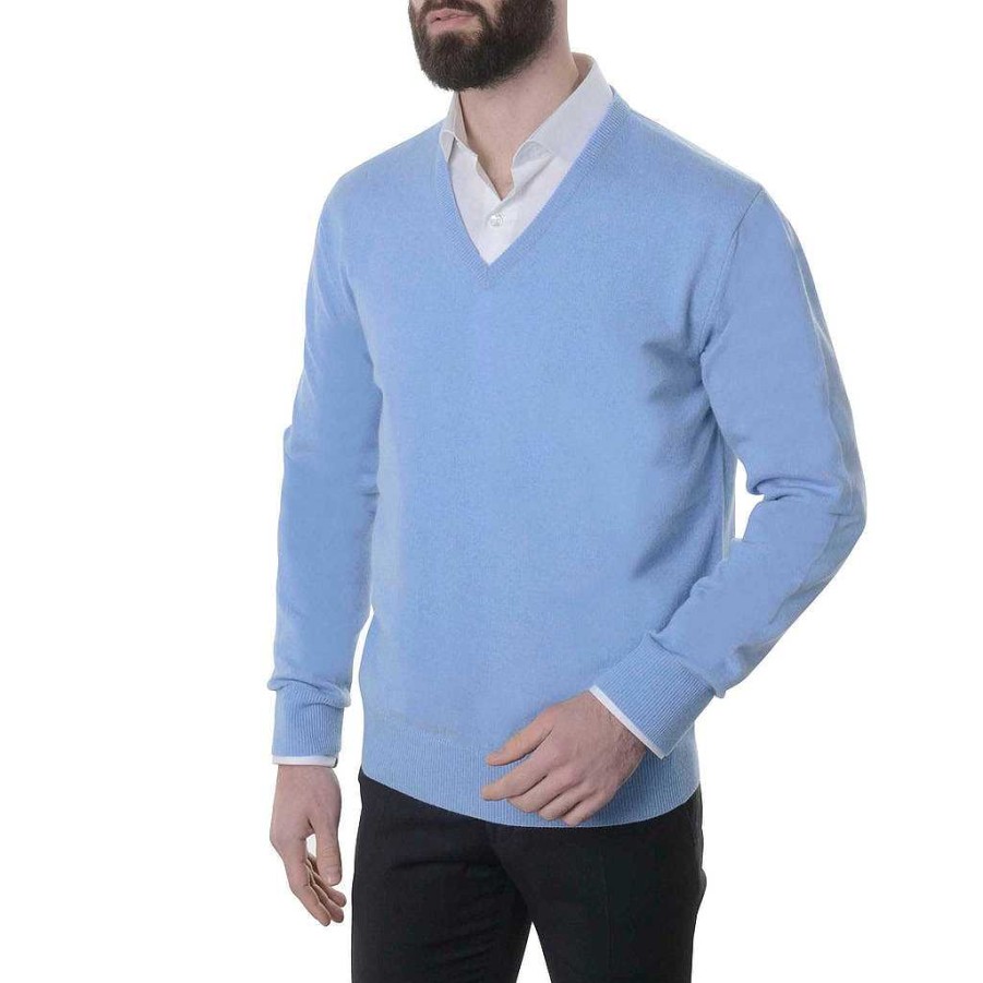 LodinG Sky Blue 100% Cashmere V-Neck Sweater New