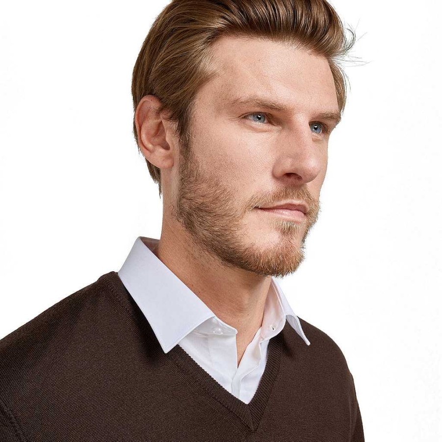 LodinG Brown 100% Pure Merino Wool V-Neck Sweater Online