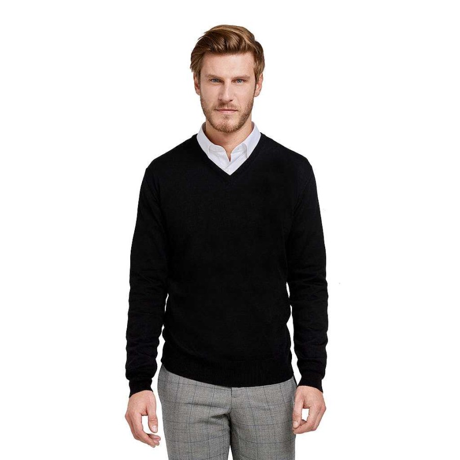 LodinG 100% Pure Merino Wool V-Neck Sweater Black New