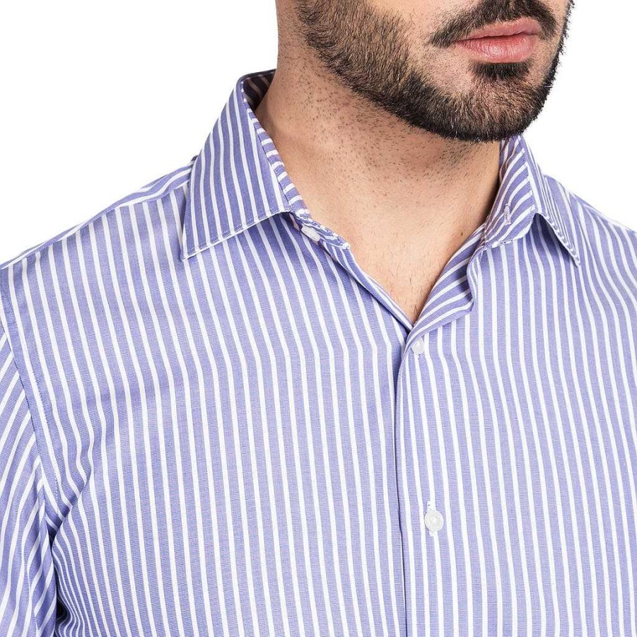 LodinG Straight Shirt With French Cuff Blue Stripes 100% Cotton New