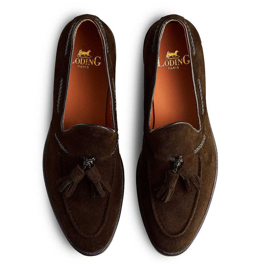 LodinG Strano Tassel Moccasin 396 Brown Suede Calfskin New