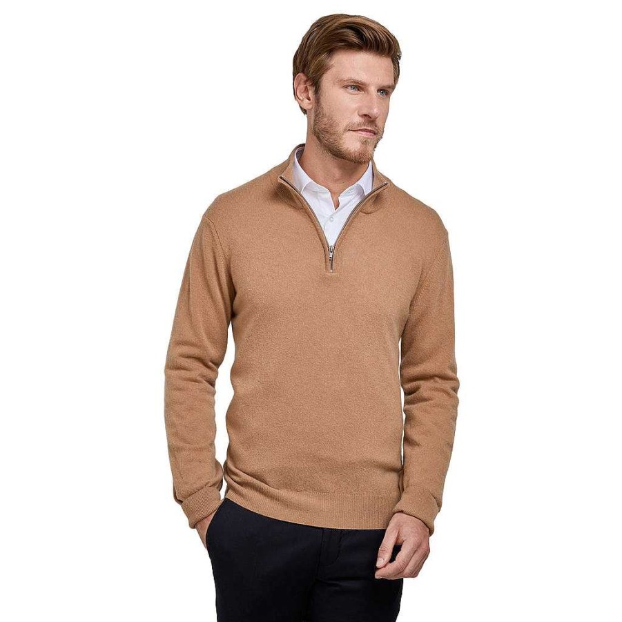 LodinG Merino Wool And Cashmere Zip Collar Sweater Camel Hot