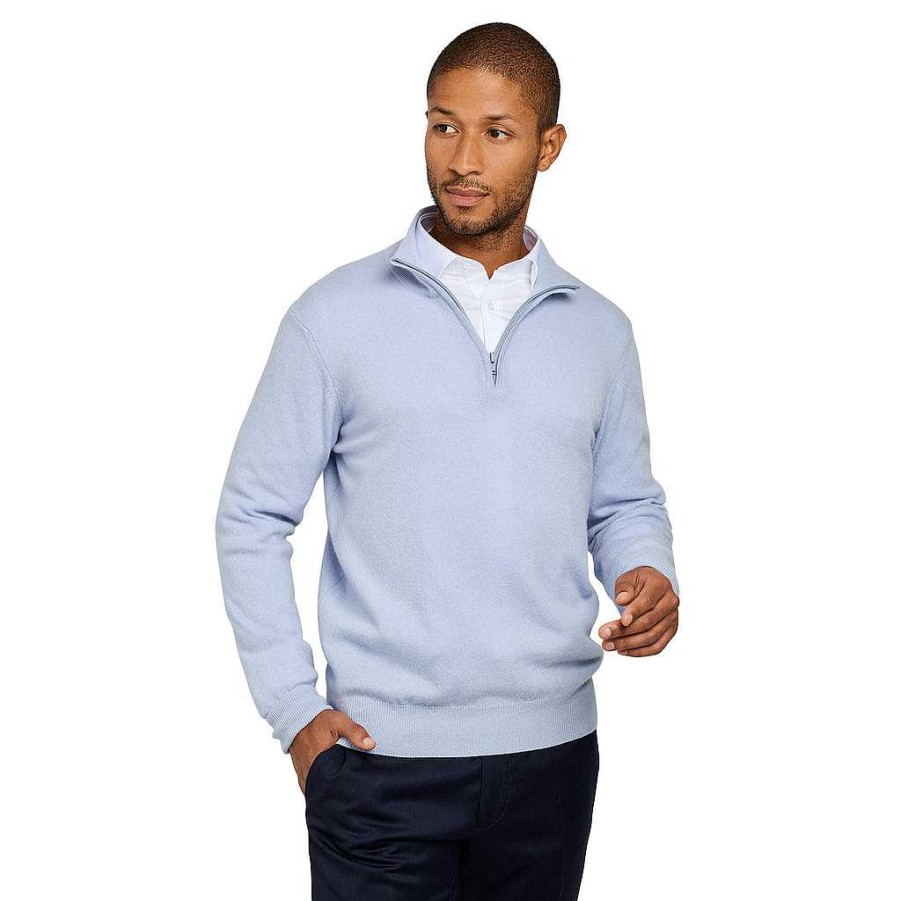 LodinG Sky Blue Merino Wool And Cashmere Zip Collar Sweater Wholesale