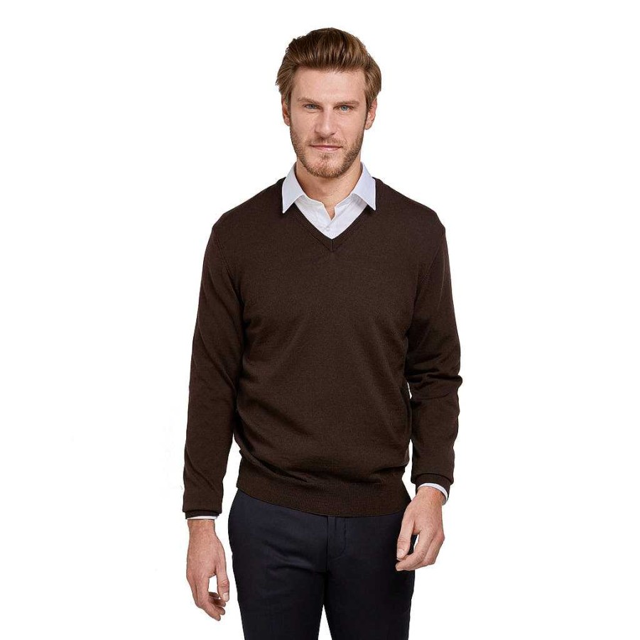 LodinG Brown 100% Pure Merino Wool V-Neck Sweater Online