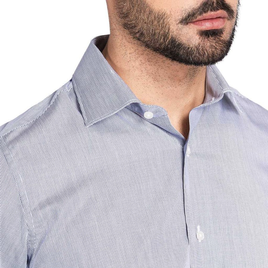 LodinG Straight Shirt With Musketeer Wrist With Thousand Stripes Navy 100% Cotton Best