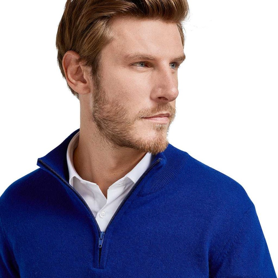 LodinG Royal Blue Merino Wool And Cashmere Zip Collar Sweater Wholesale