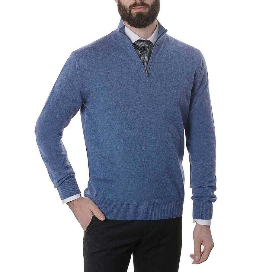 LodinG 100% Cashmere Sweater Blue Zip Collar Online