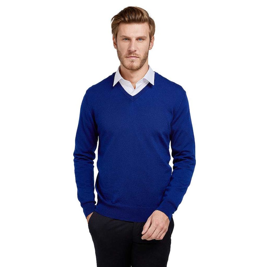 LodinG Royal Blue 100% Pure Merino Wool V-Neck Sweater Wholesale