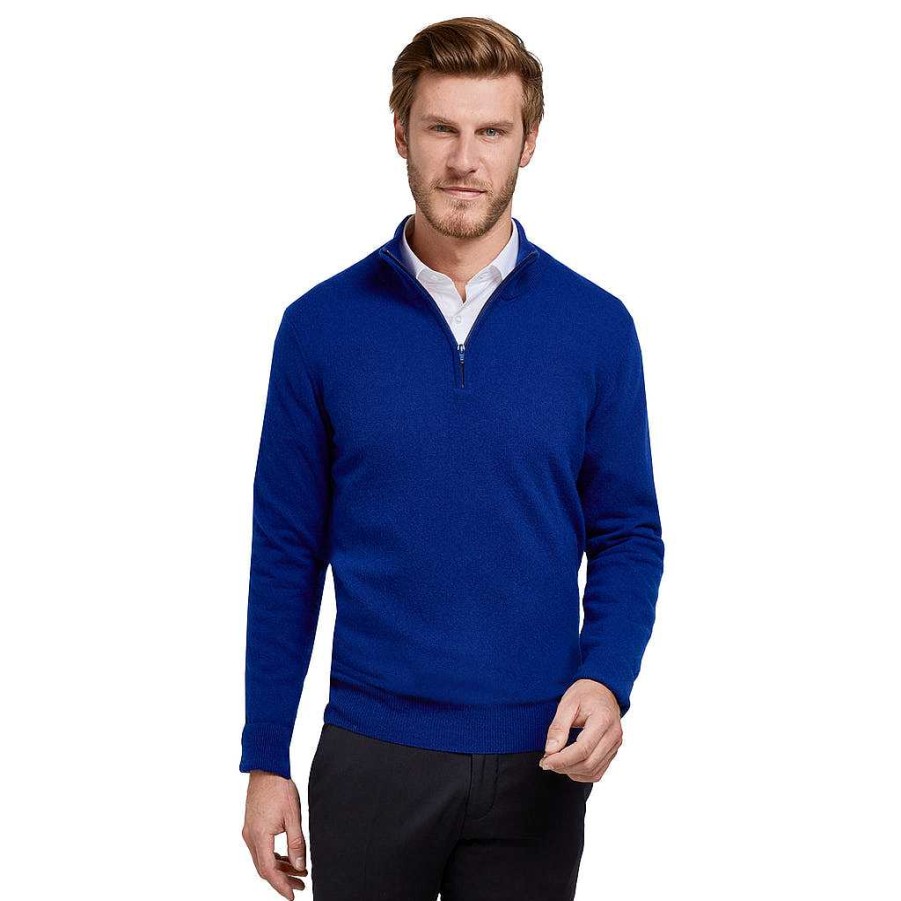 LodinG Royal Blue Merino Wool And Cashmere Zip Collar Sweater Wholesale